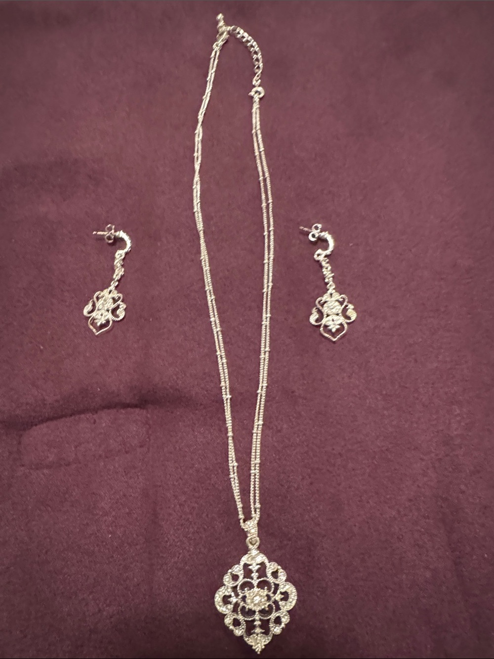 Silver Filigree Pendant Necklace and Earrings Set - Silver